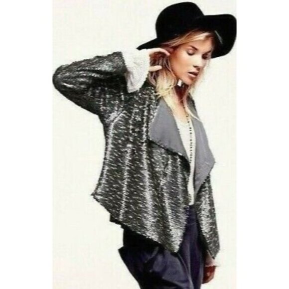 NWT Free People Draped Silver Gray Sequin Jacket | Mob Wife Glam Boho Streetwear - Picture 2 of 16
